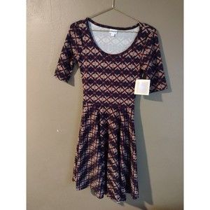 LULAROE Nicole XS Women’s Geometric Printed Short Sleeve Fit Flare Dress Blue
